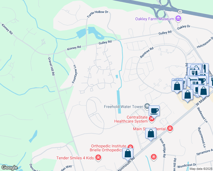 map of restaurants, bars, coffee shops, grocery stores, and more near 11 Interlaken Court in Freehold