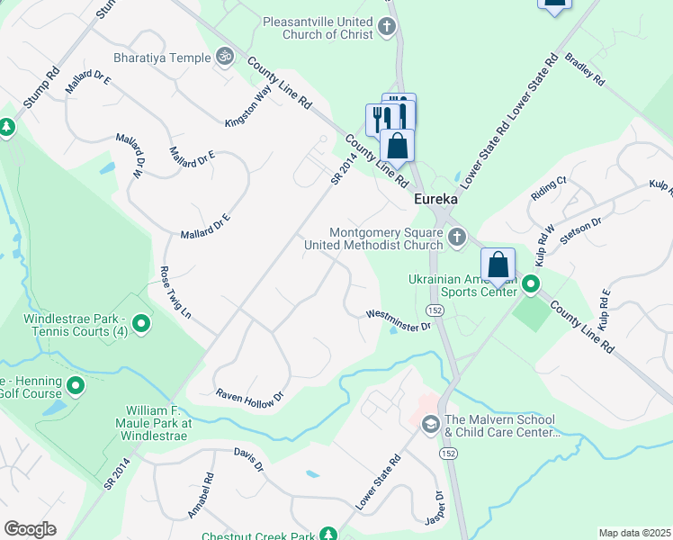 map of restaurants, bars, coffee shops, grocery stores, and more near 204 North Buckingham Lane in North Wales