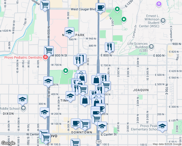 map of restaurants, bars, coffee shops, grocery stores, and more near 620 100 West in Provo