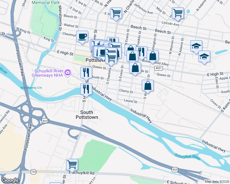 map of restaurants, bars, coffee shops, grocery stores, and more near 344 Cherry Street in Pottstown