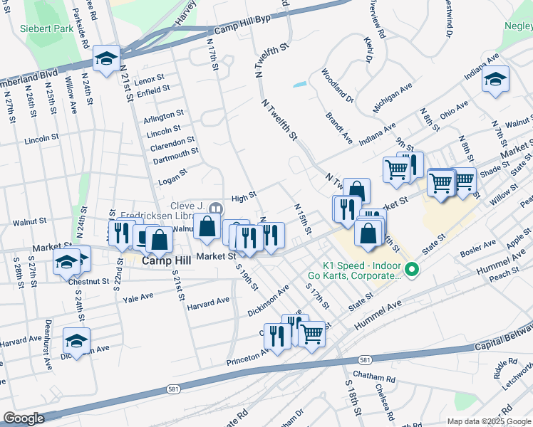 map of restaurants, bars, coffee shops, grocery stores, and more near 117 North 17th Street in Camp Hill