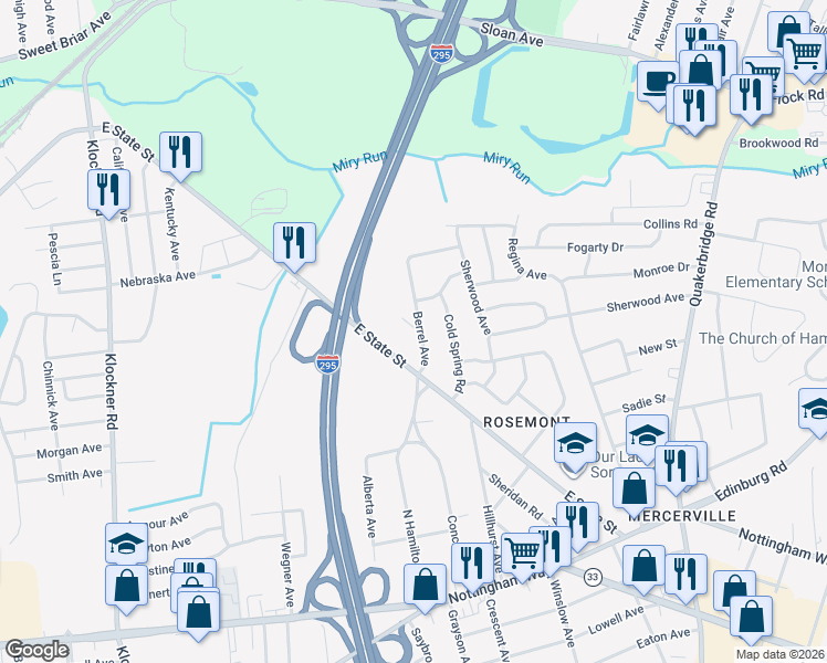 map of restaurants, bars, coffee shops, grocery stores, and more near 3 Heisler Avenue in Hamilton Township