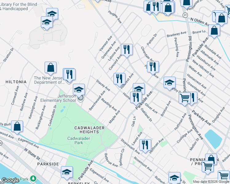 map of restaurants, bars, coffee shops, grocery stores, and more near 8 Stacey Avenue in Trenton