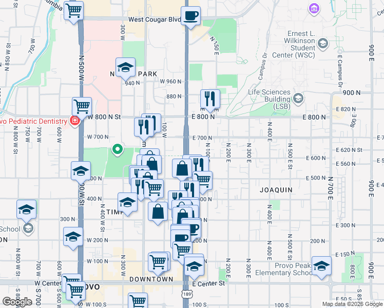 map of restaurants, bars, coffee shops, grocery stores, and more near 25 East 600 North in Provo