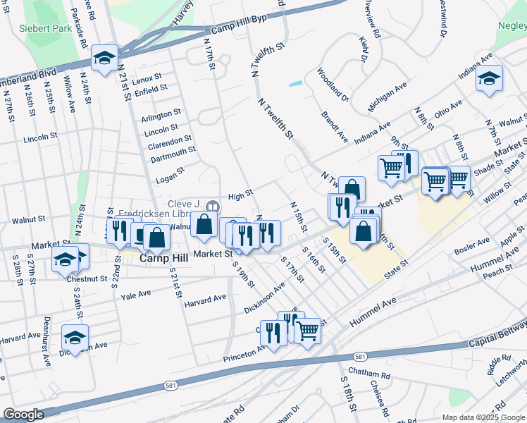 map of restaurants, bars, coffee shops, grocery stores, and more near 117 North 17th Street in Camp Hill