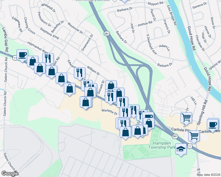 map of restaurants, bars, coffee shops, grocery stores, and more near 21 Richard Road in Mechanicsburg