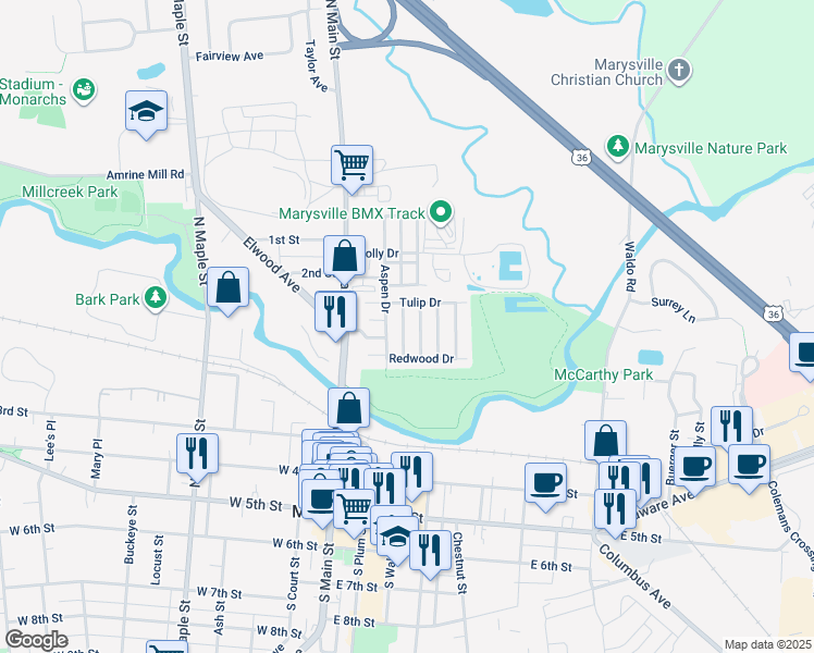 map of restaurants, bars, coffee shops, grocery stores, and more near 195 Cottonwood Drive in Marysville