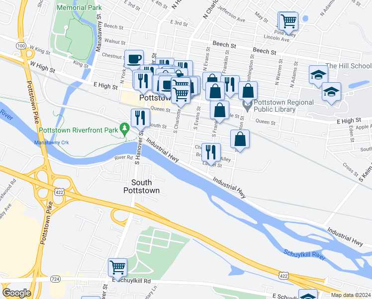 map of restaurants, bars, coffee shops, grocery stores, and more near 328 Cherry Street in Pottstown