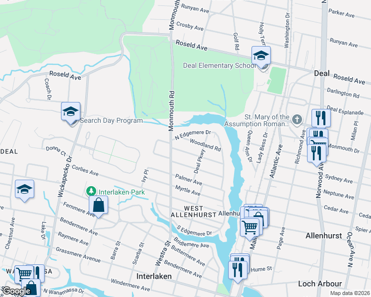 map of restaurants, bars, coffee shops, grocery stores, and more near 613 Blanchard Parkway in Allenhurst