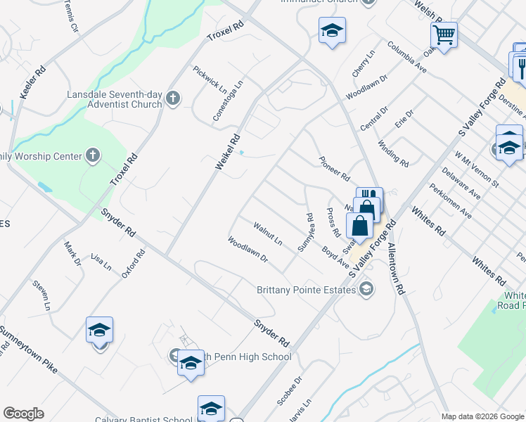 map of restaurants, bars, coffee shops, grocery stores, and more near 1170 Boyd Avenue in Lansdale