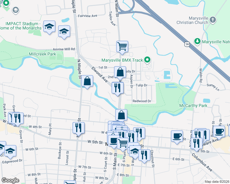 map of restaurants, bars, coffee shops, grocery stores, and more near 115 Elwood Avenue in Marysville