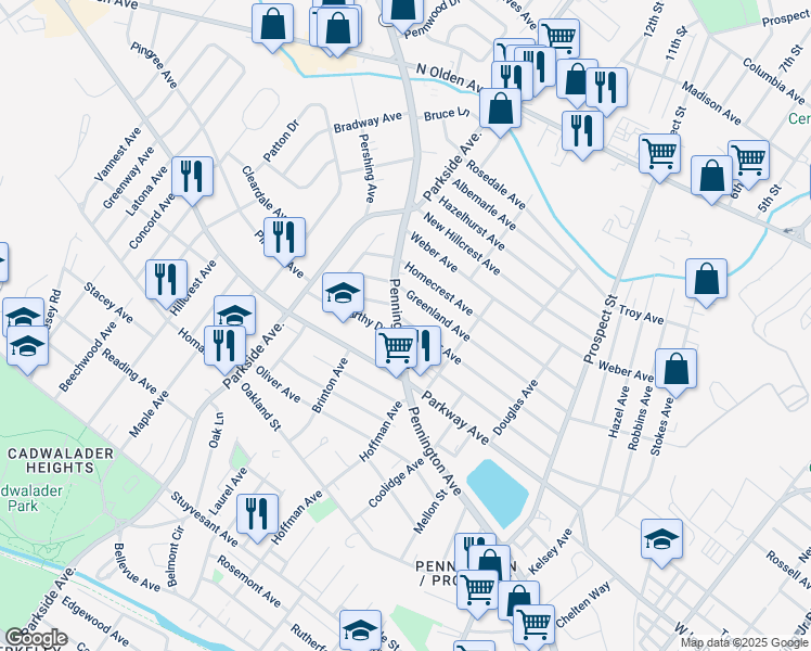 map of restaurants, bars, coffee shops, grocery stores, and more near 1052 Pennington Road in Ewing Township