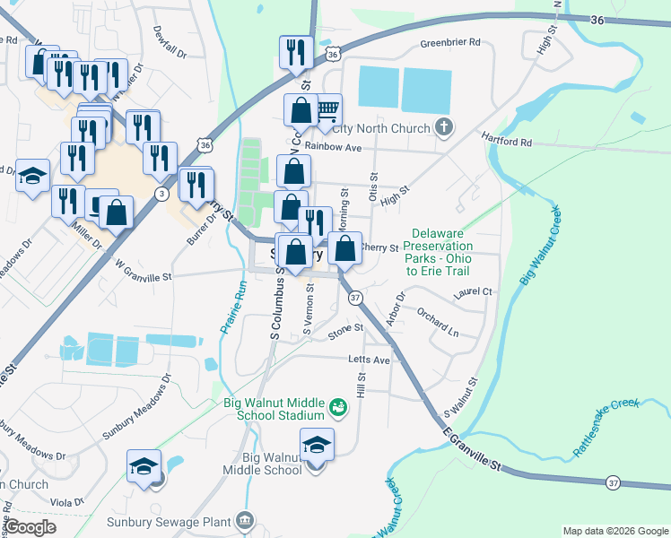map of restaurants, bars, coffee shops, grocery stores, and more near 98 East Granville Street in Sunbury