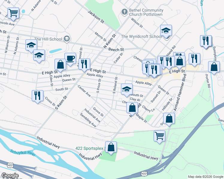 map of restaurants, bars, coffee shops, grocery stores, and more near 1159 South Street in Pottstown