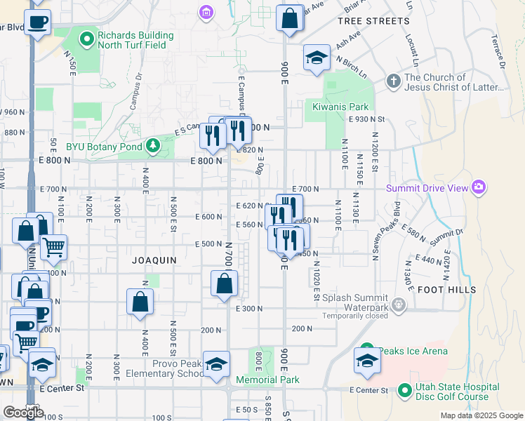 map of restaurants, bars, coffee shops, grocery stores, and more near 810 East 620 North Street in Provo