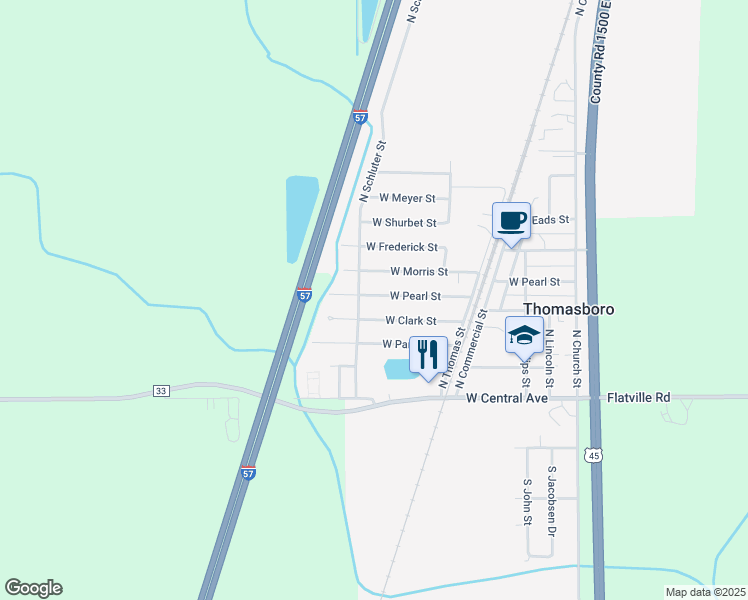 map of restaurants, bars, coffee shops, grocery stores, and more near 607 West Pearl Street in Thomasboro