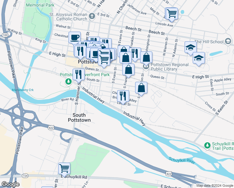 map of restaurants, bars, coffee shops, grocery stores, and more near 364 Cherry Street in Pottstown