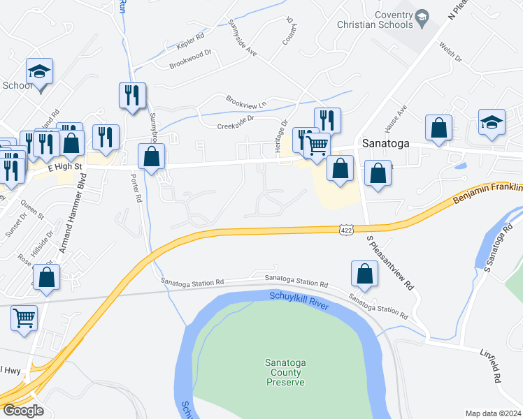 map of restaurants, bars, coffee shops, grocery stores, and more near 526 Maple Glen Circle in Pottstown