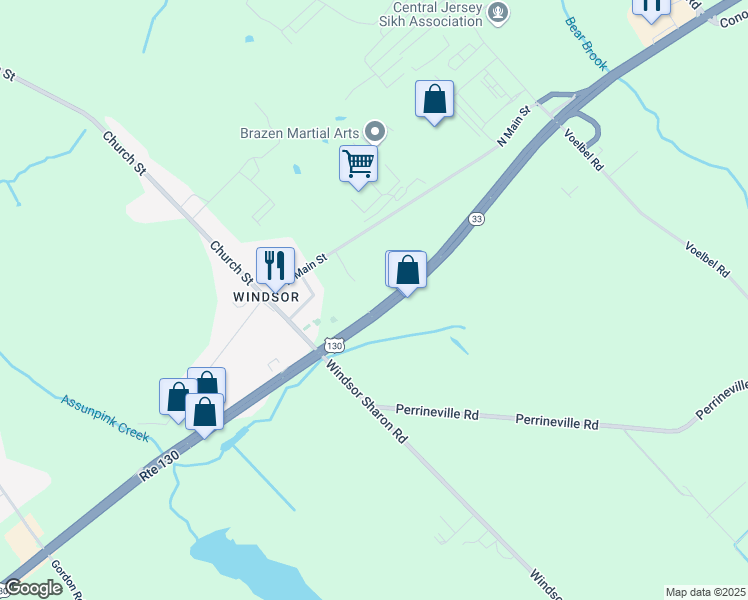 map of restaurants, bars, coffee shops, grocery stores, and more near 1360 U.S. 130 in Windsor