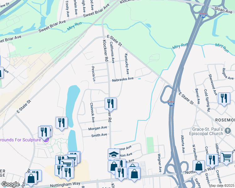 map of restaurants, bars, coffee shops, grocery stores, and more near 325 Montana Avenue in Hamilton Township