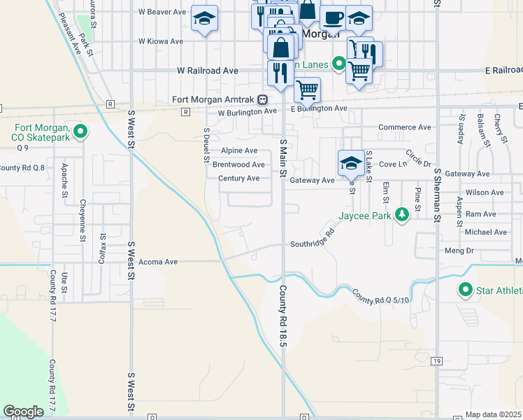map of restaurants, bars, coffee shops, grocery stores, and more near 108 El Dorado Avenue in Fort Morgan
