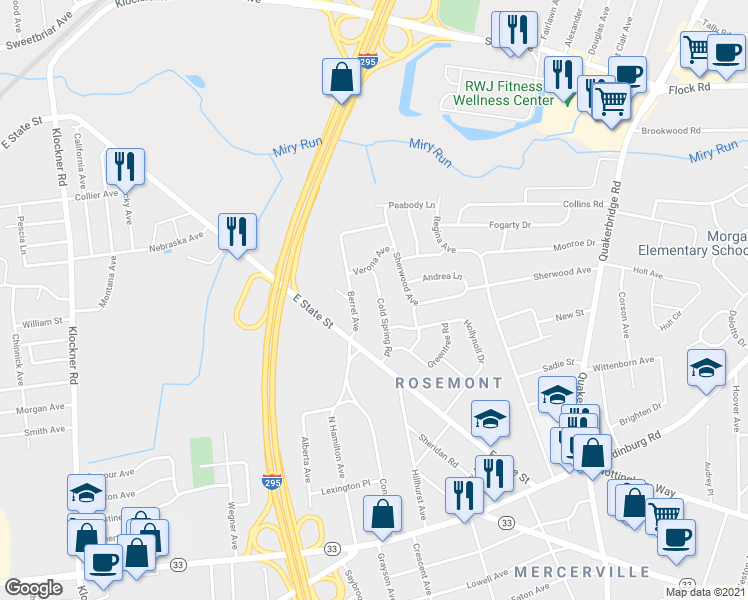 map of restaurants, bars, coffee shops, grocery stores, and more near 25 Cold Spring Road in Hamilton Township
