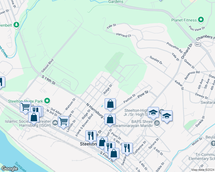 map of restaurants, bars, coffee shops, grocery stores, and more near 205 Lancaster Street in Steelton