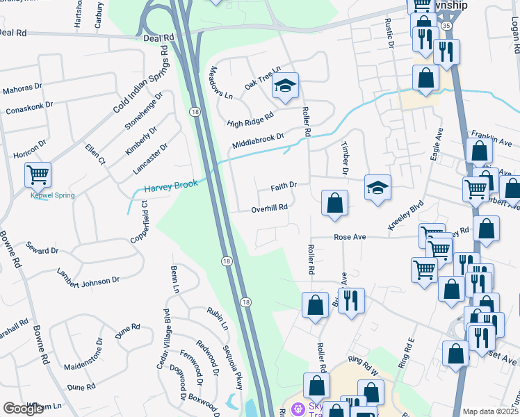map of restaurants, bars, coffee shops, grocery stores, and more near 37 Abbey Lane in Monmouth County