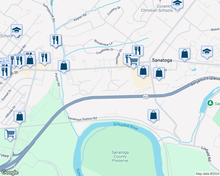 map of restaurants, bars, coffee shops, grocery stores, and more near 526 Maple Glen Circle in Pottstown