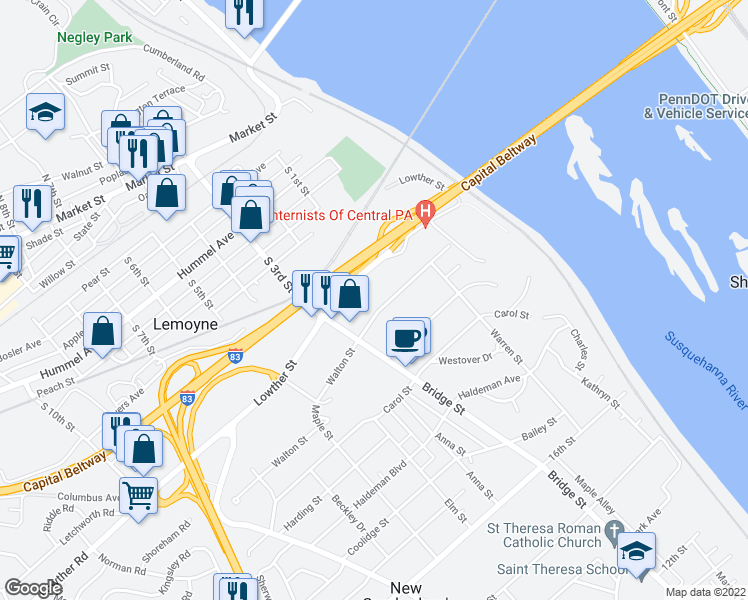 map of restaurants, bars, coffee shops, grocery stores, and more near 263 Walton Street in Lemoyne