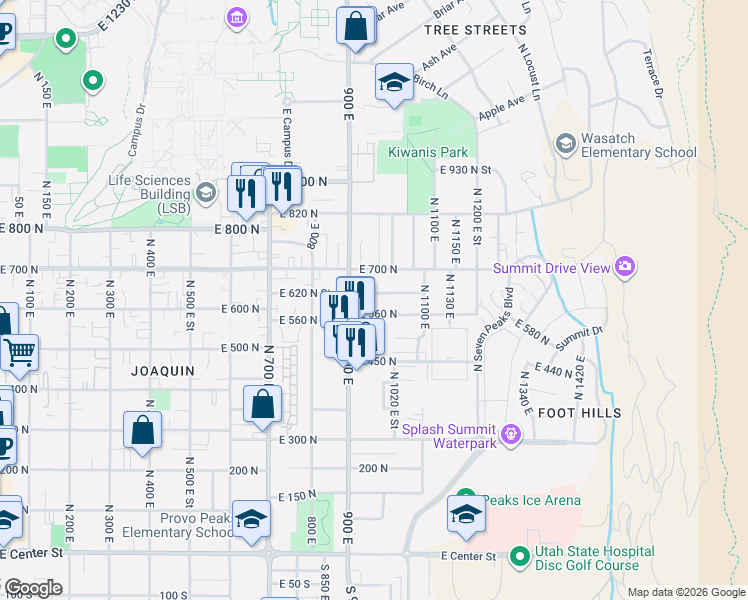 map of restaurants, bars, coffee shops, grocery stores, and more near 960 East 620 North Street in Provo
