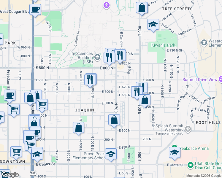 map of restaurants, bars, coffee shops, grocery stores, and more near 628 600 East in Provo