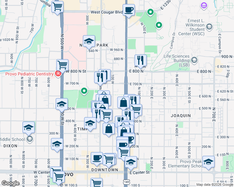 map of restaurants, bars, coffee shops, grocery stores, and more near 620 100 West in Provo