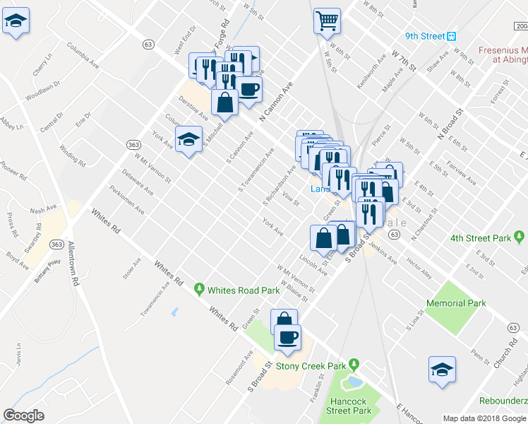 map of restaurants, bars, coffee shops, grocery stores, and more near 401 York Avenue in Lansdale