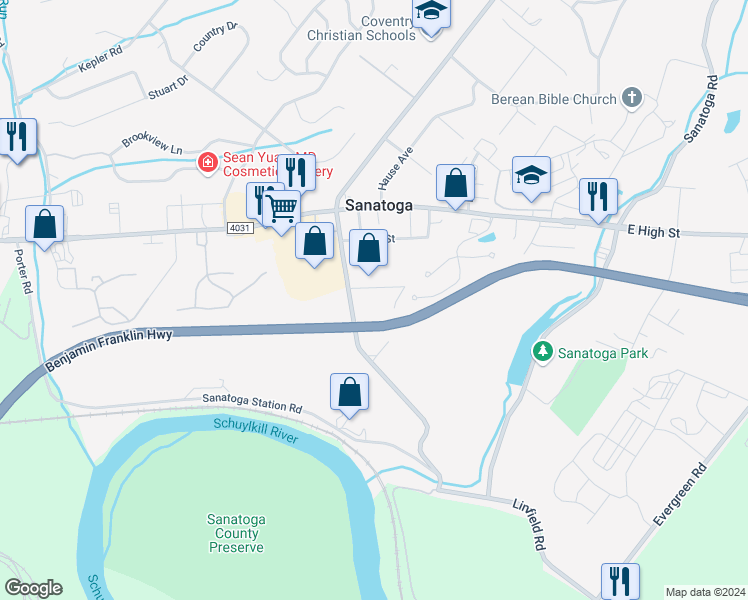 map of restaurants, bars, coffee shops, grocery stores, and more near 2290 Princeton Avenue in Pottstown