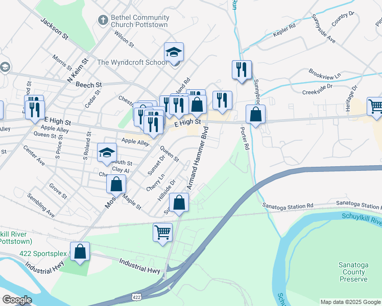 map of restaurants, bars, coffee shops, grocery stores, and more near 1528 Cherry Lane in Pottstown
