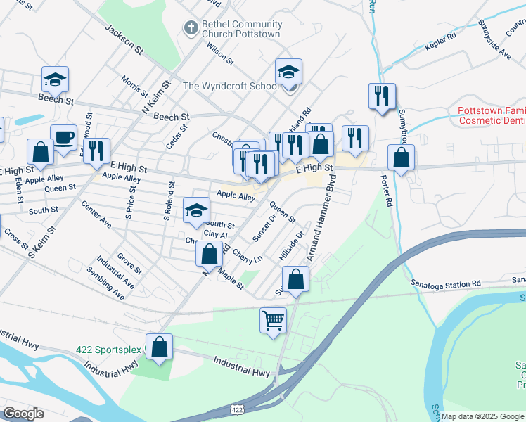 map of restaurants, bars, coffee shops, grocery stores, and more near 60 Moser Road in Pottstown