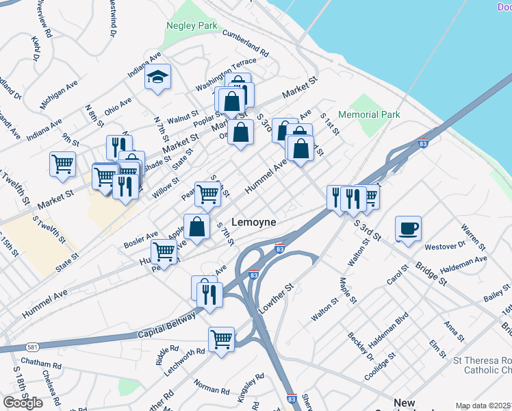 map of restaurants, bars, coffee shops, grocery stores, and more near 529 Peach Street in Lemoyne