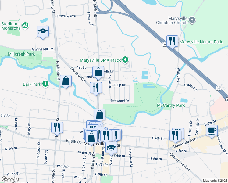 map of restaurants, bars, coffee shops, grocery stores, and more near 195 Cottonwood Drive in Marysville