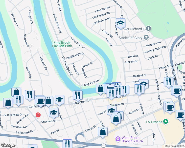 map of restaurants, bars, coffee shops, grocery stores, and more near 3814 Conestoga Road in Camp Hill