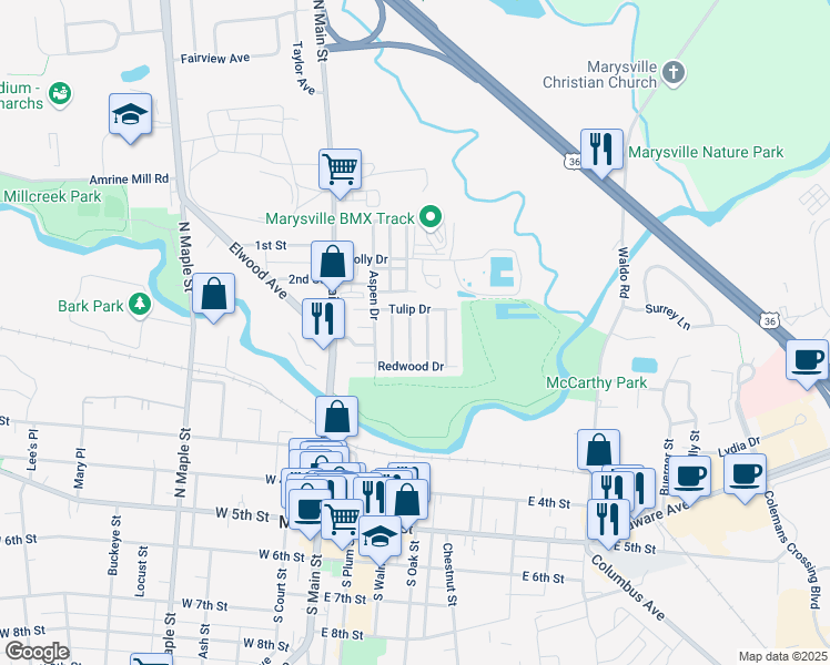 map of restaurants, bars, coffee shops, grocery stores, and more near 264 Dogwood Drive in Marysville