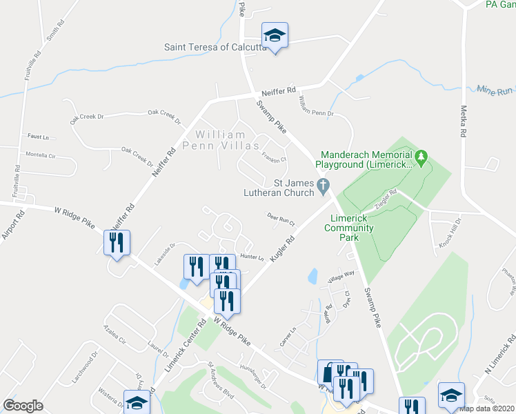 map of restaurants, bars, coffee shops, grocery stores, and more near 420 Deer Run Court in Royersford