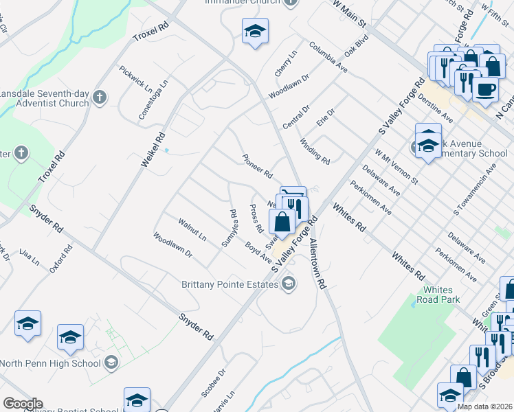 map of restaurants, bars, coffee shops, grocery stores, and more near 1045 Pross Rd in Lansdale