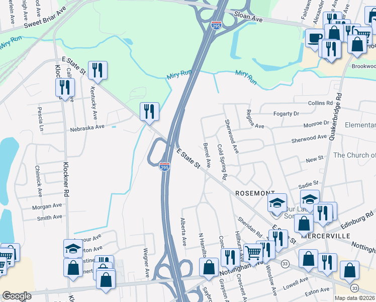 map of restaurants, bars, coffee shops, grocery stores, and more near 3410 East State Street in Hamilton Township