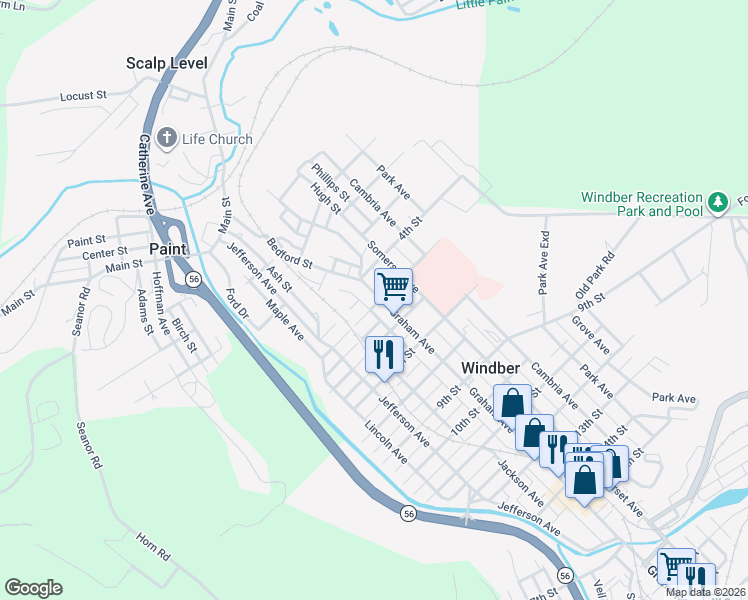 map of restaurants, bars, coffee shops, grocery stores, and more near 412 Graham Avenue in Windber