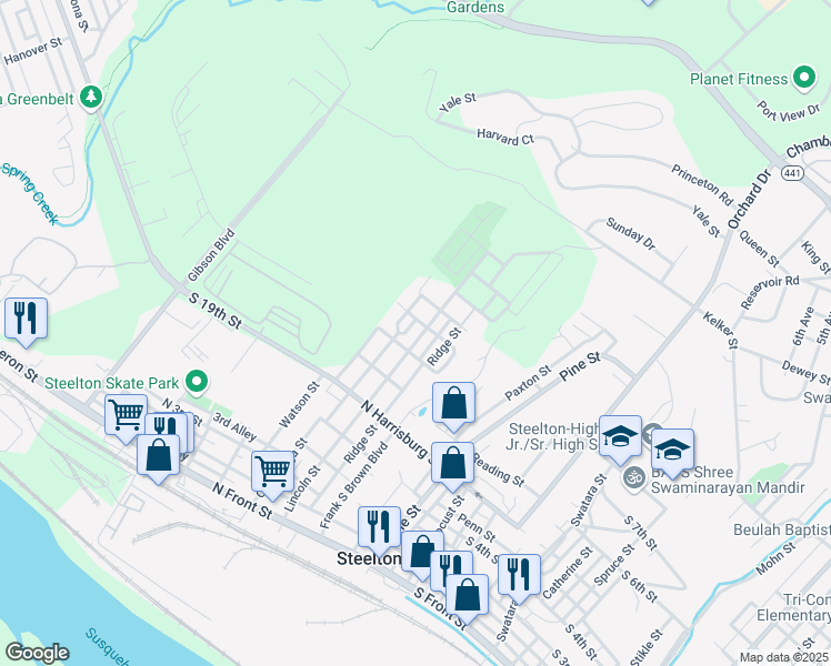 map of restaurants, bars, coffee shops, grocery stores, and more near 529 Lincoln Street in Steelton