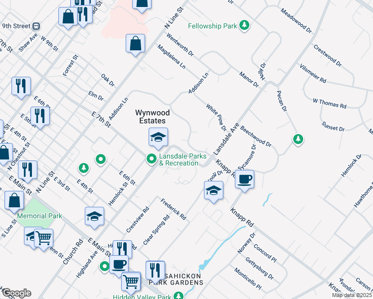 map of restaurants, bars, coffee shops, grocery stores, and more near 124 Aileen Drive in Lansdale
