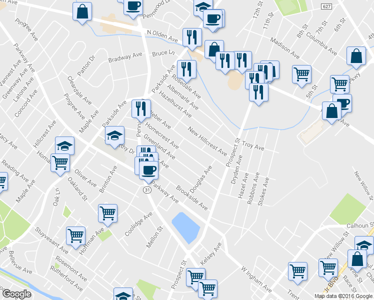 map of restaurants, bars, coffee shops, grocery stores, and more near 164 Homecrest Avenue in Trenton