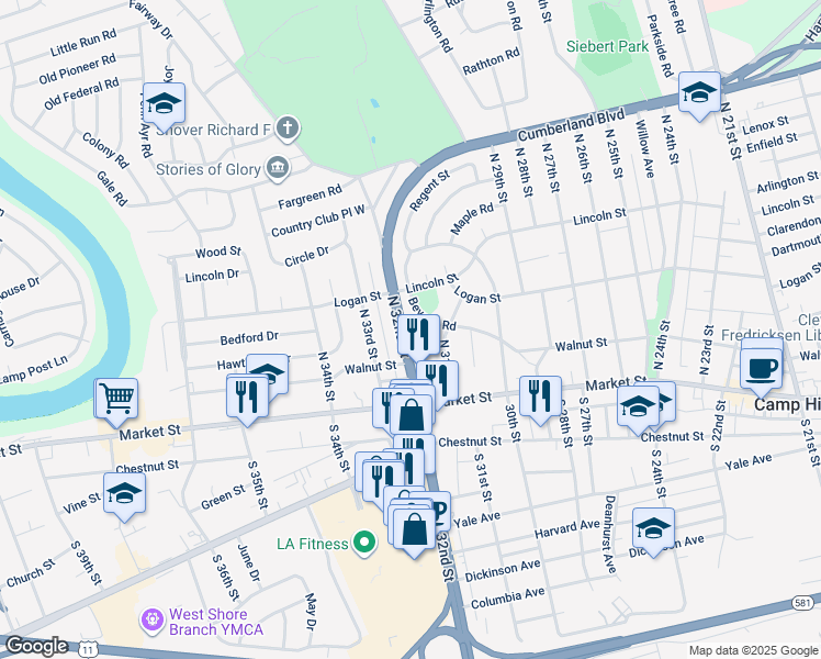 map of restaurants, bars, coffee shops, grocery stores, and more near 72 Westerly Road in Camp Hill