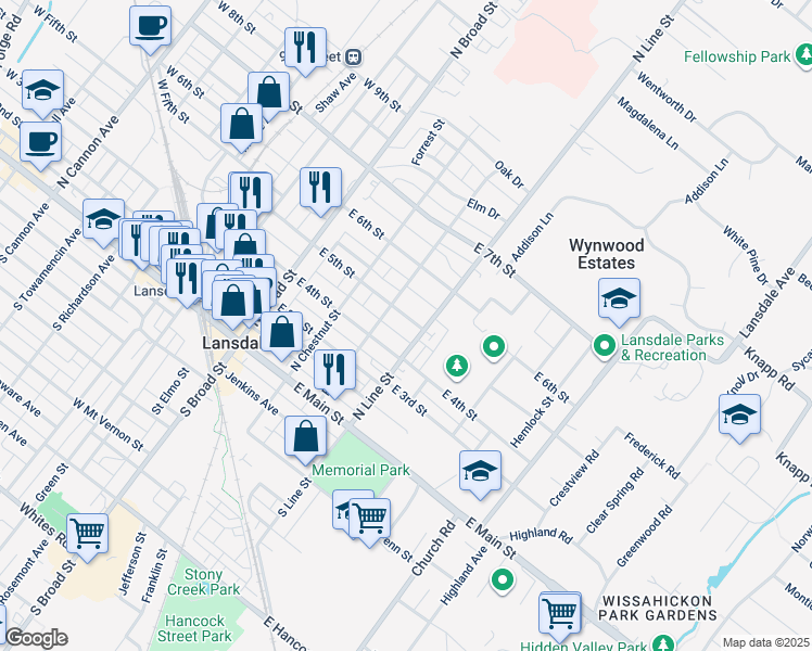 map of restaurants, bars, coffee shops, grocery stores, and more near 220 East 5th Street in Lansdale